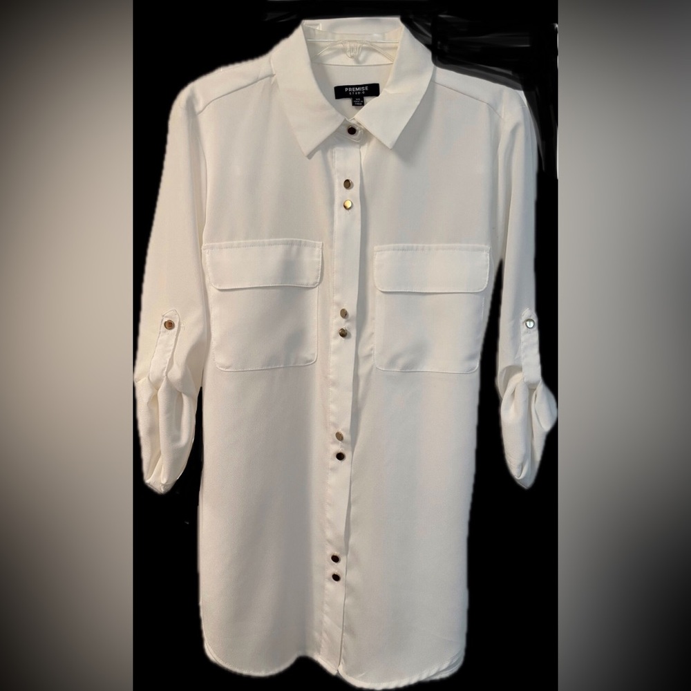 White Button-Front Utility Shirt- gold buttons